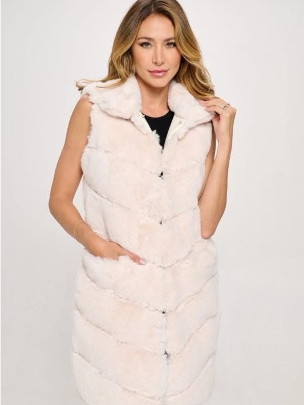 Plush Sleeveless Long Vest in Soft Cream